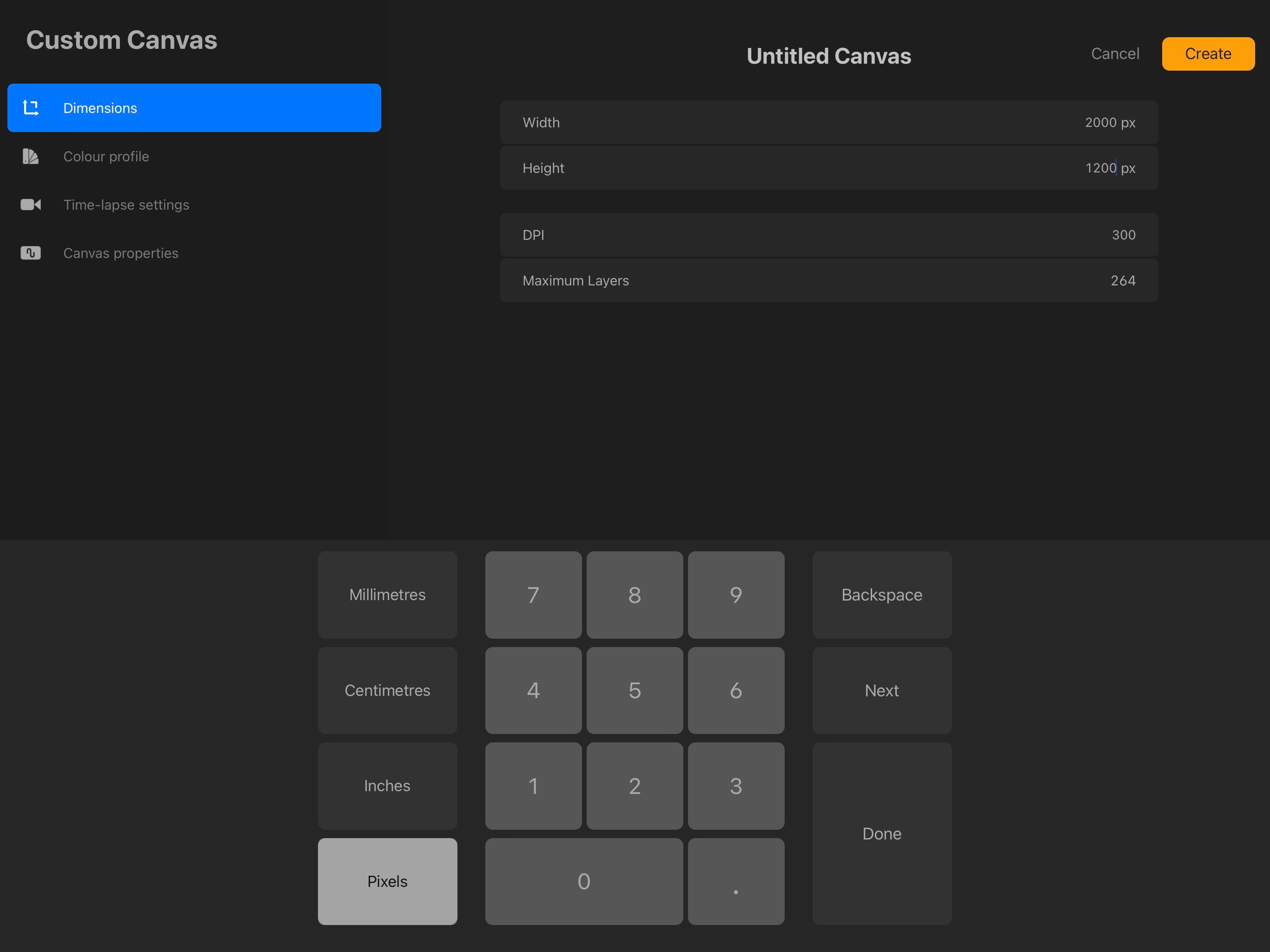 Меню настроек холста в Procreate с выбранными 1200 x 2000 px и 300 DPI.