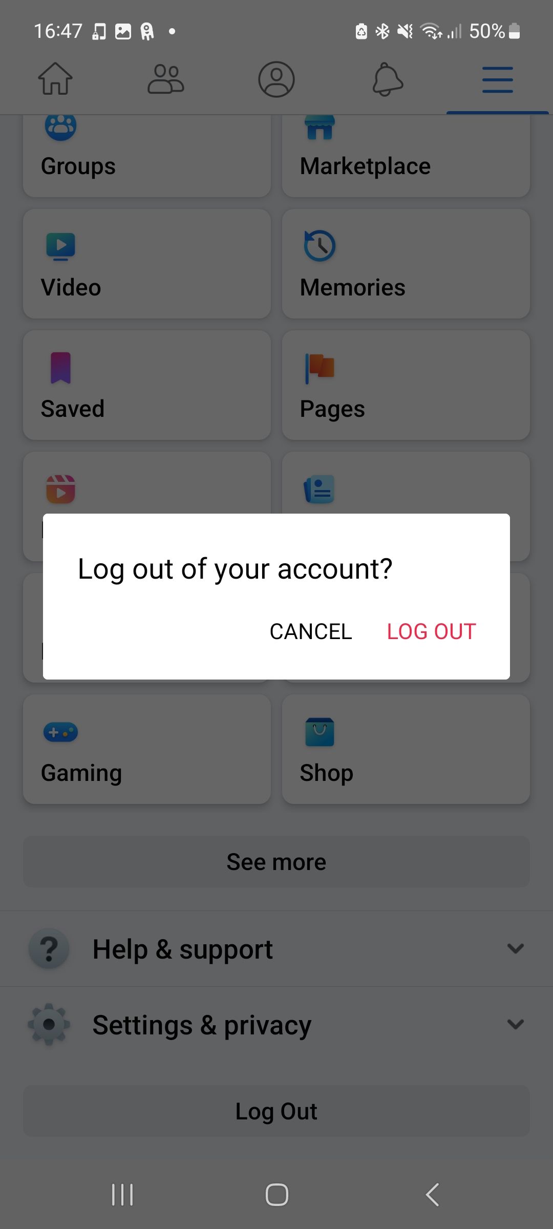 Подтверждение выхода из приложения Facebook