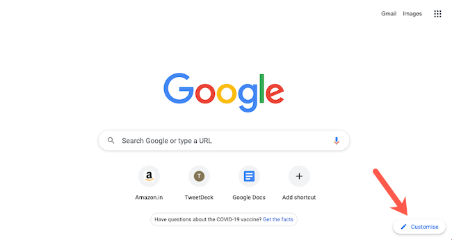 Кнопка настройки новой вкладки в Google Chrome