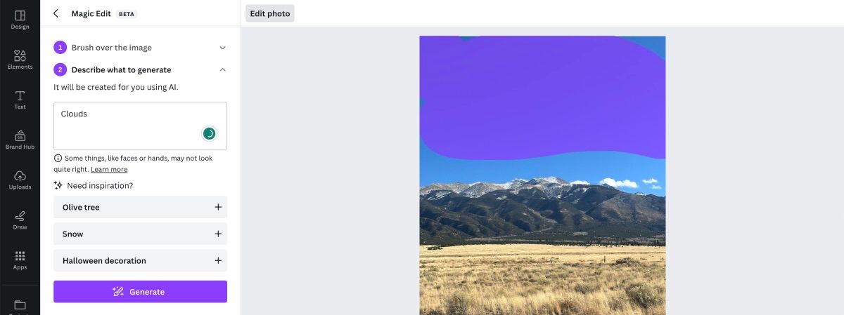 Редактирование изображения: добавление облаков над горами с помощью Magic Edit
