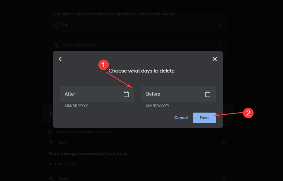 Выбор пользовательского диапазона: поля 'After' и 'Before'