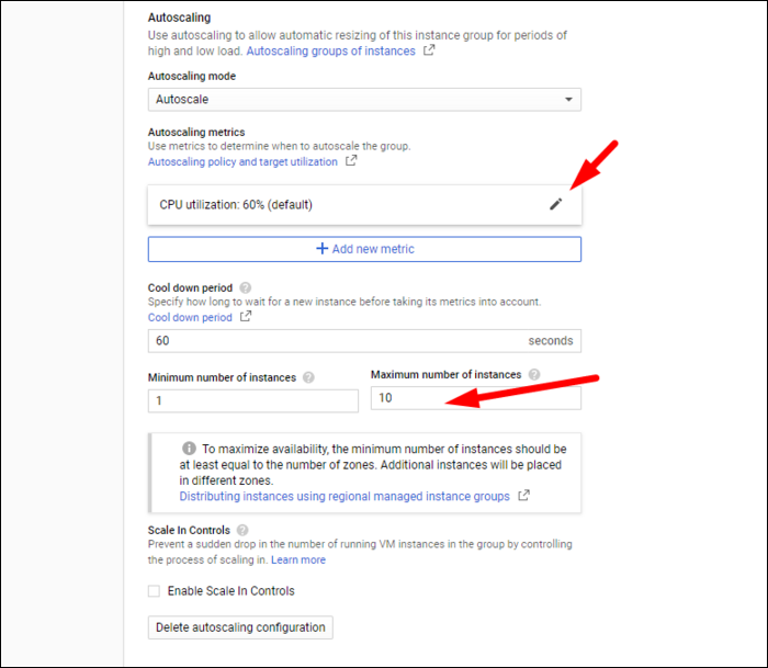 Настройка метрики использования и максимального числа экземпляров