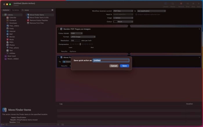 Automator сохранение действия