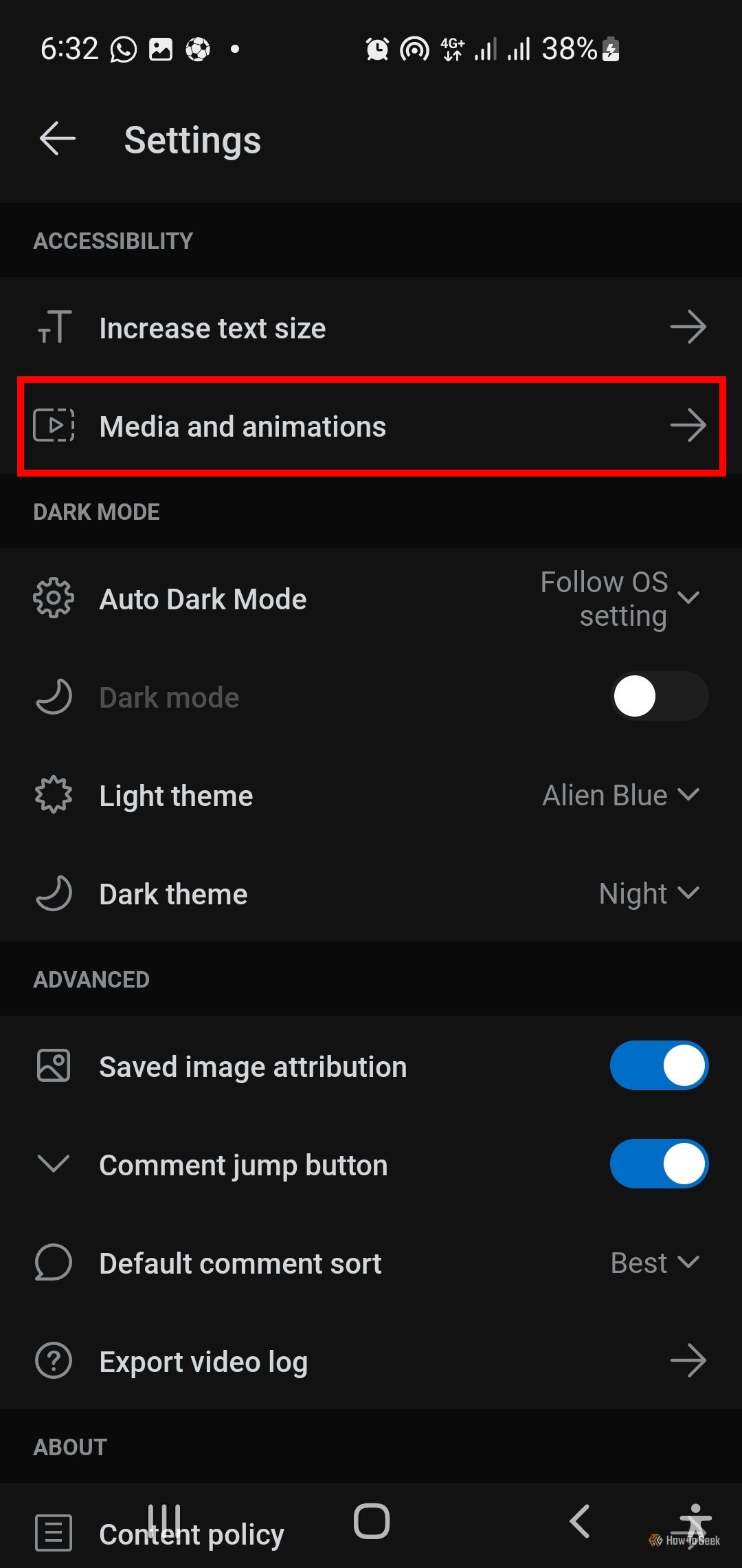 Страница настроек в мобильном приложении Reddit