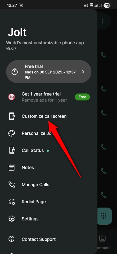 opção para personalizar tela de chamada no menu do Jolt