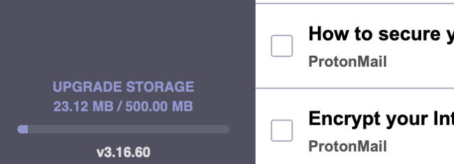 Индикатор использования хранилища во входящих ProtonMail