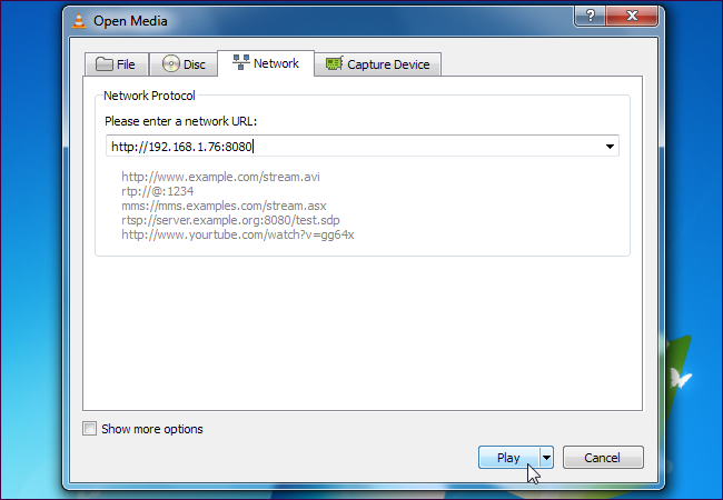 Поле ввода адреса сетевого потока, пример http://IP.Address:8080
