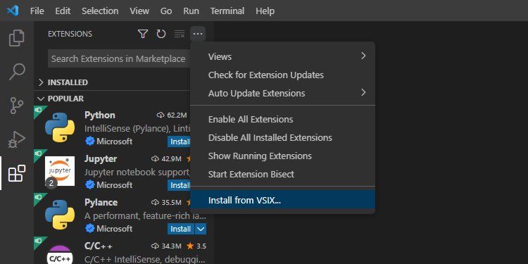 Меню расширений VSCode с выделенной опцией Install from VSIX.