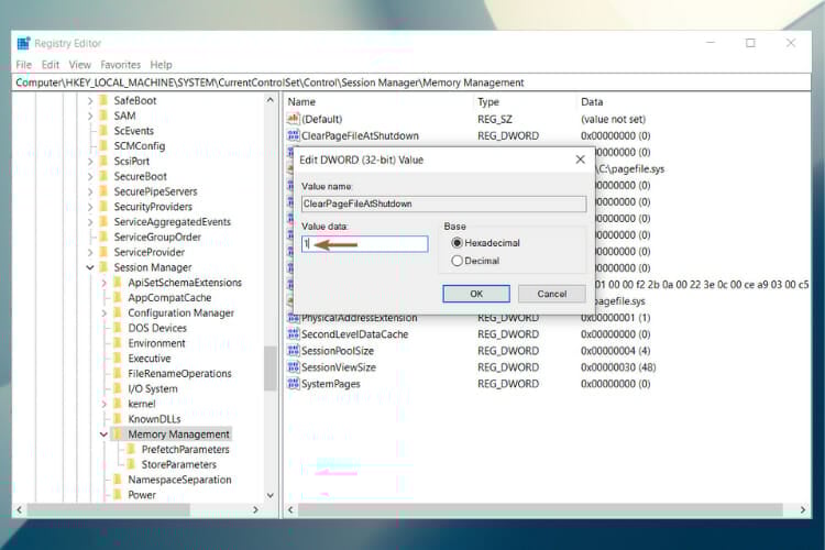Установка значения 1 в реестре для очистки файла подкачки