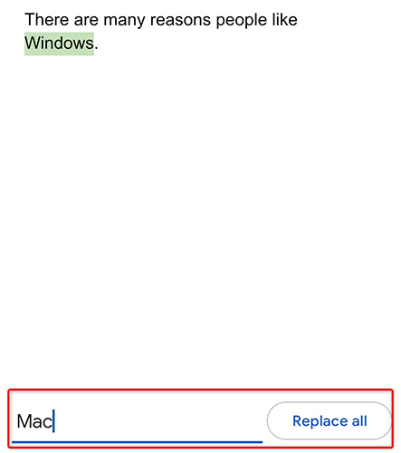 Поле для ввода нового текста и кнопка «Заменить все» на Android
