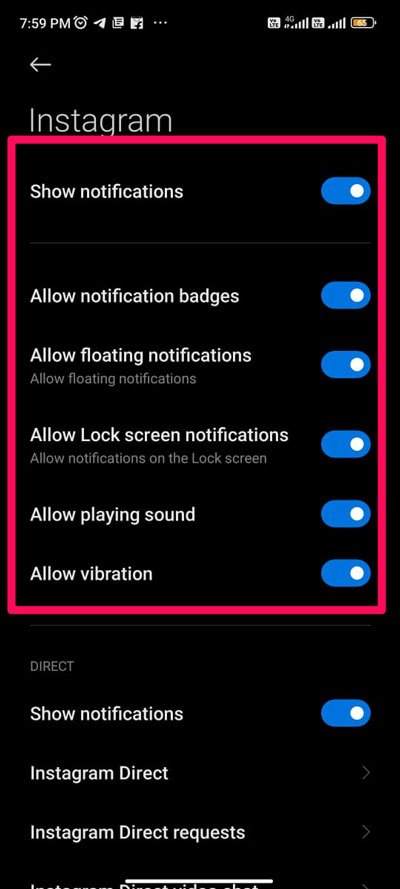 Esempio categorie notifiche Instagram