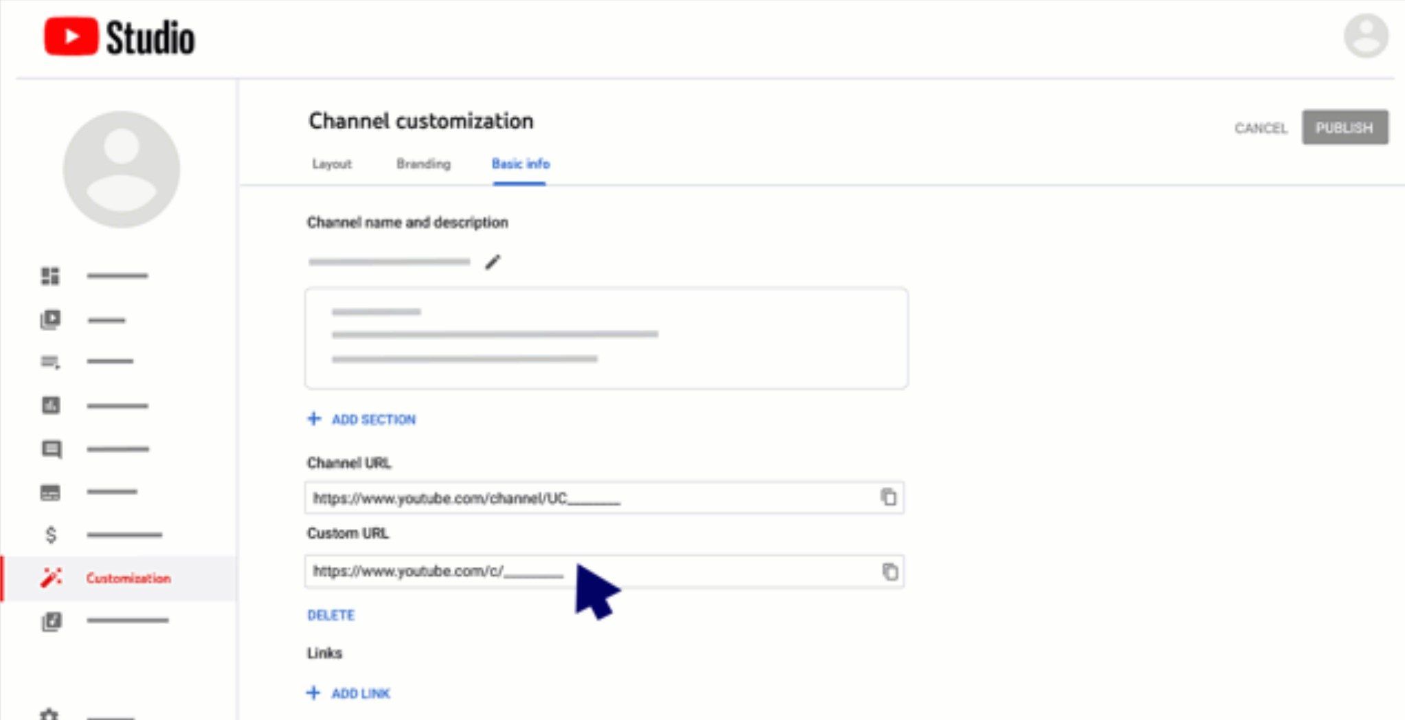Форма создания пользовательского URL в YouTube Studio