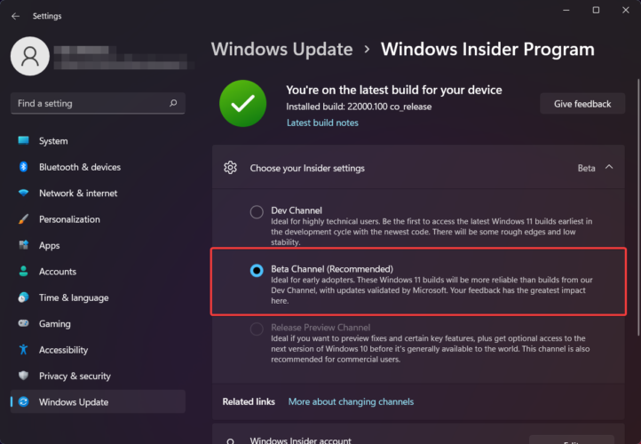select beta channel from the list
