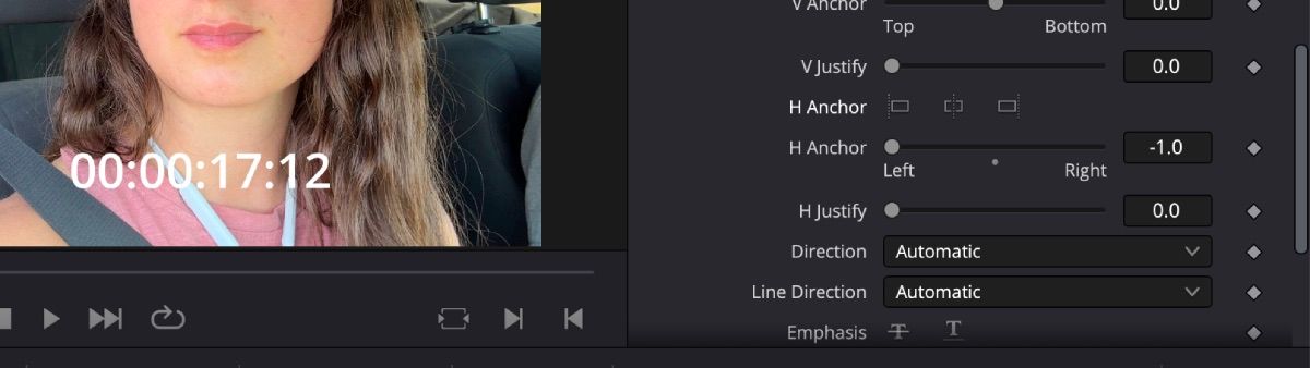 Выбран H Anchor в инспекторе DaVinci Resolve для выравнивания текста