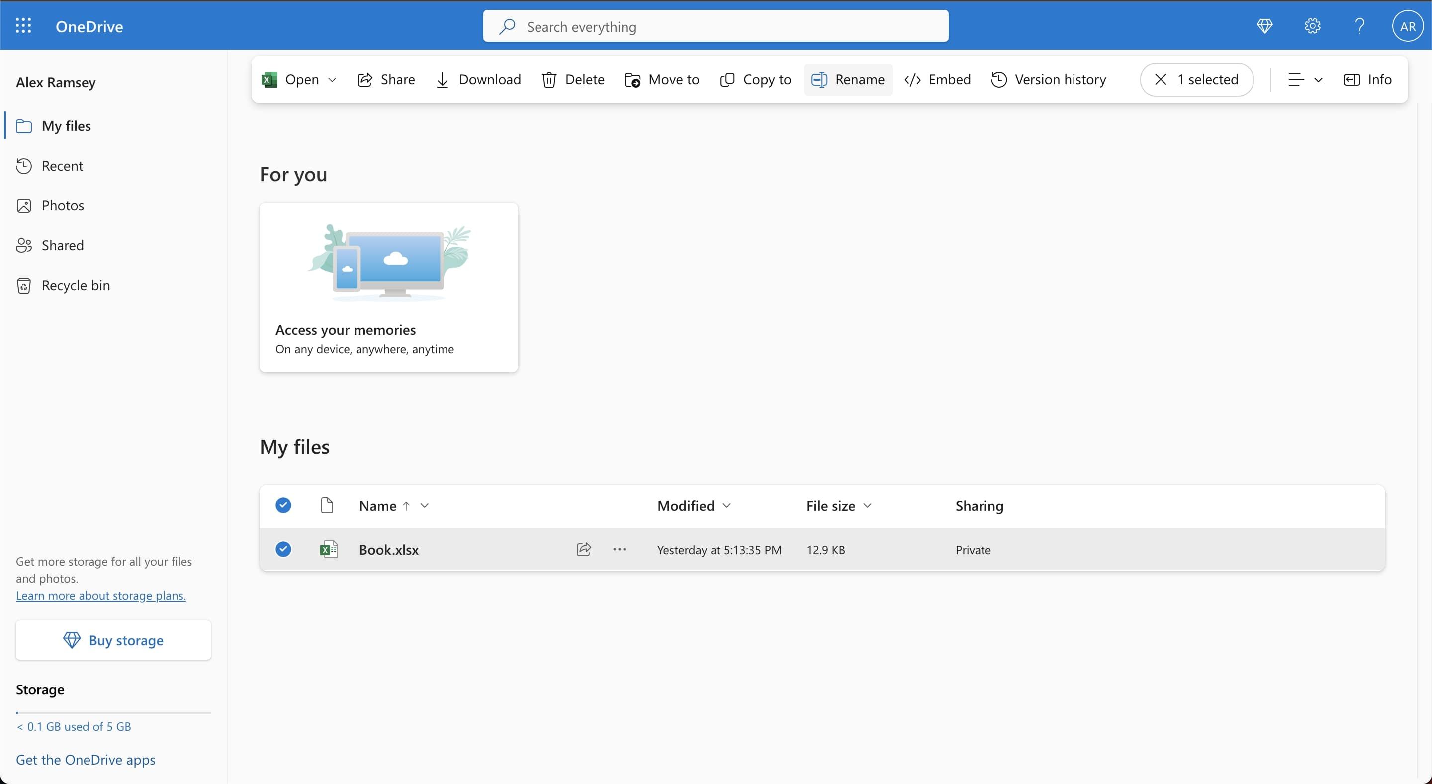 Переименование файла в OneDrive через меню