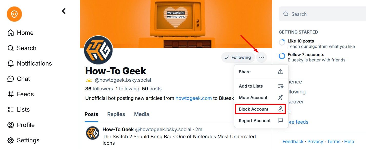 Опция блокировки аккаунта через меню профиля с тремя точками.