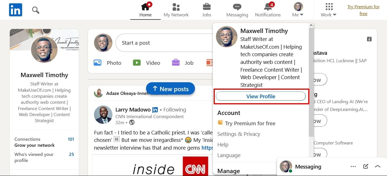 Скриншот страницы ленты LinkedIn