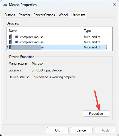 Select mouse and click Properties