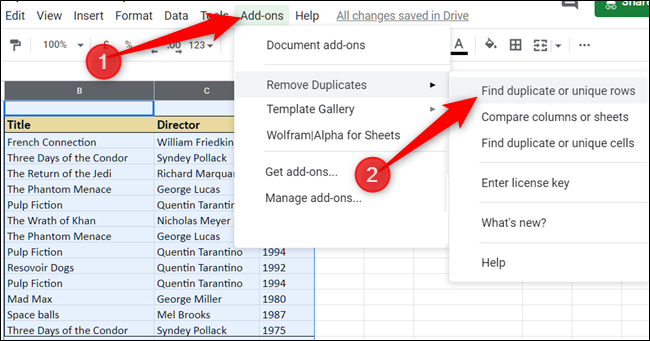 Запуск расширения Remove Duplicates с меню Расширений