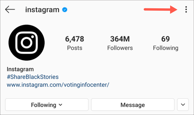 Меню профиля для ограничения пользователя в Instagram