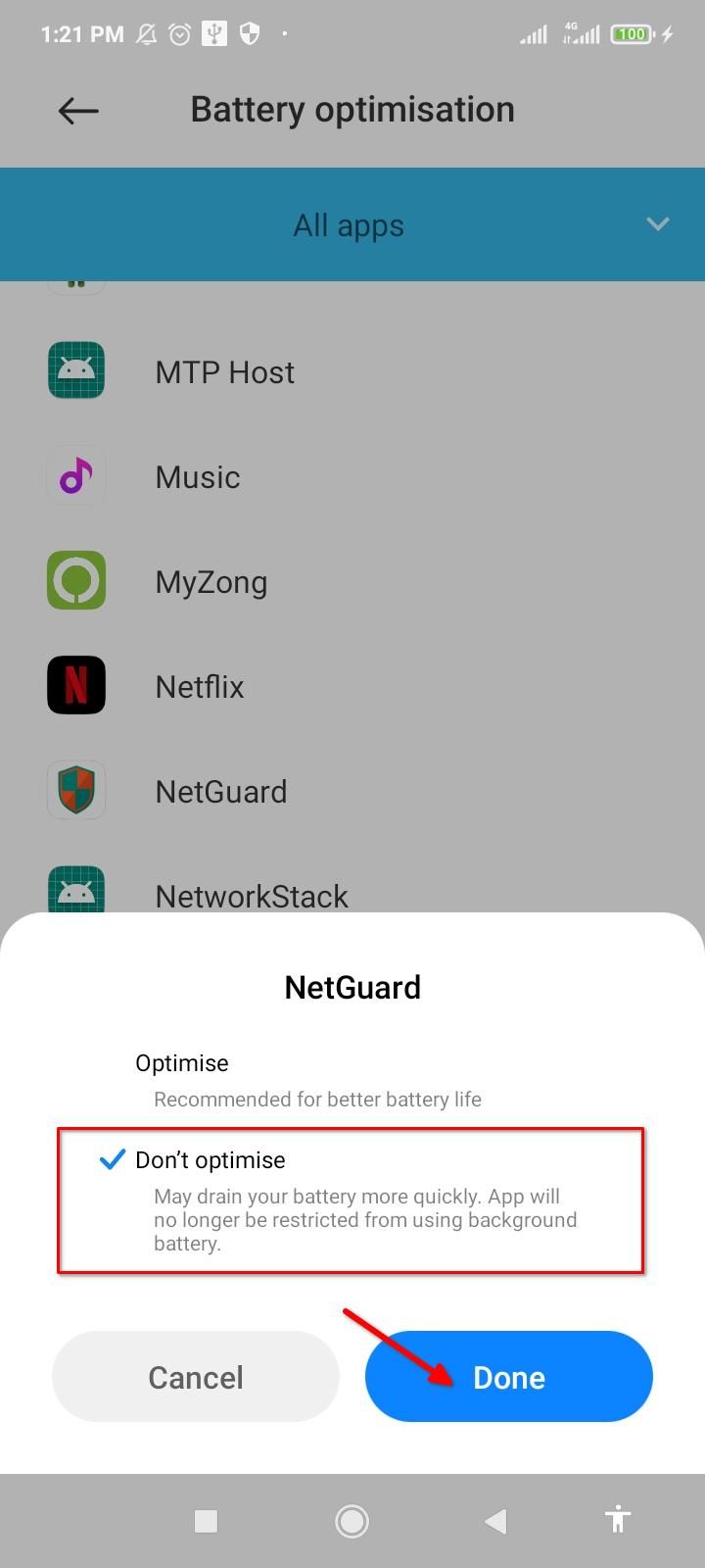 Отключение оптимизации для NetGuard — подтверждение.