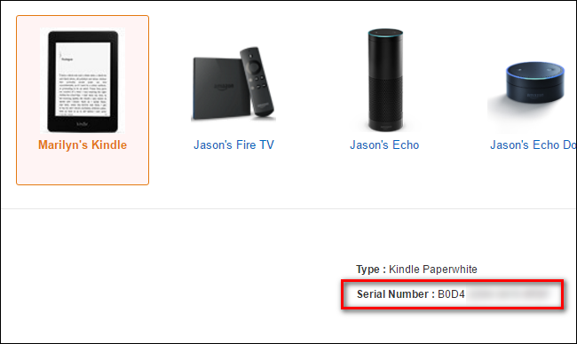Скриншот страницы устройств Amazon — список ваших устройств и серийный номер Kindle