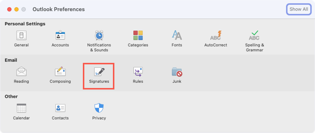 Параметры подписи в Outlook для Mac