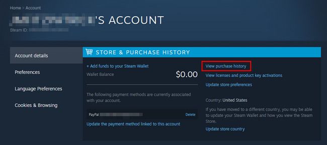Скриншот основной страницы аккаунта Steam с меню и ссылкой на детали аккаунта