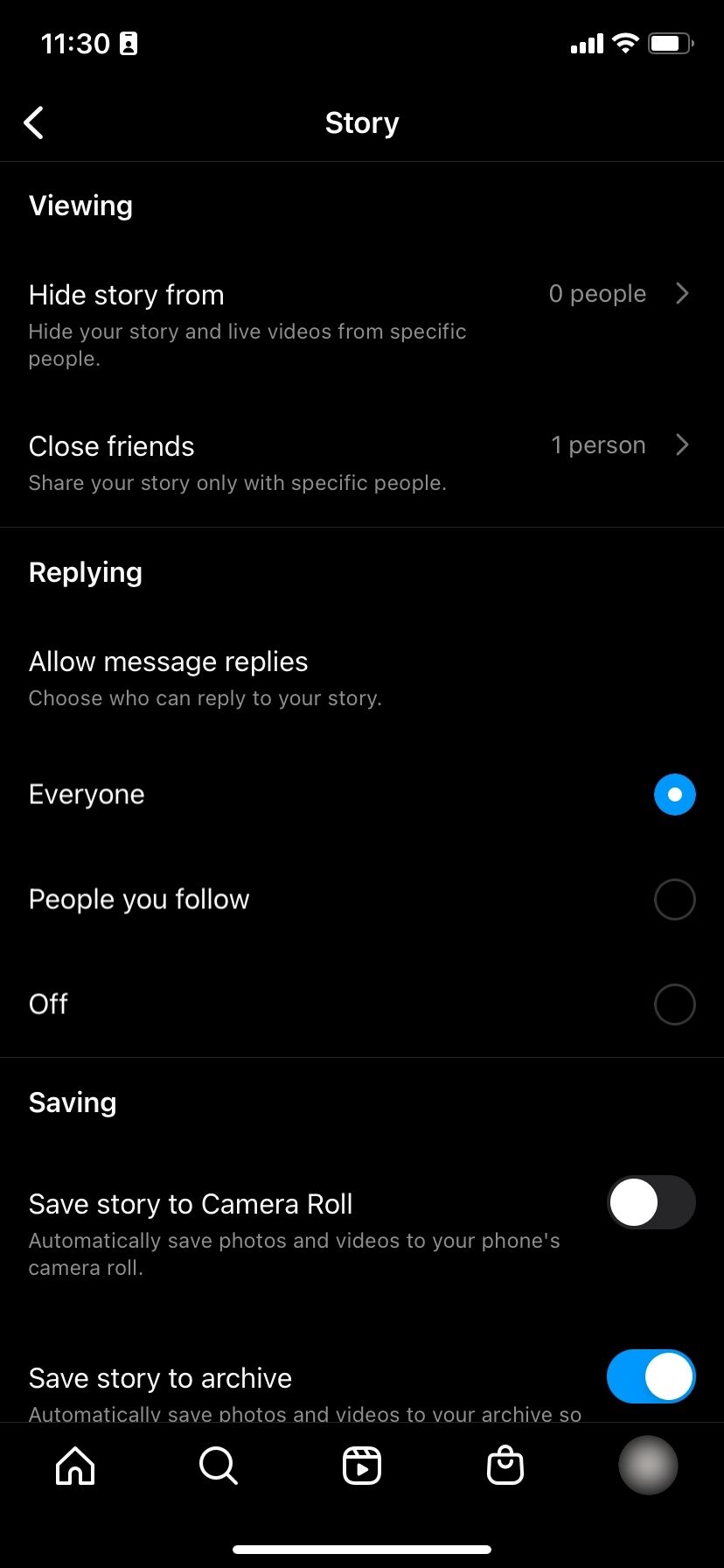Страница настроек историй Instagram