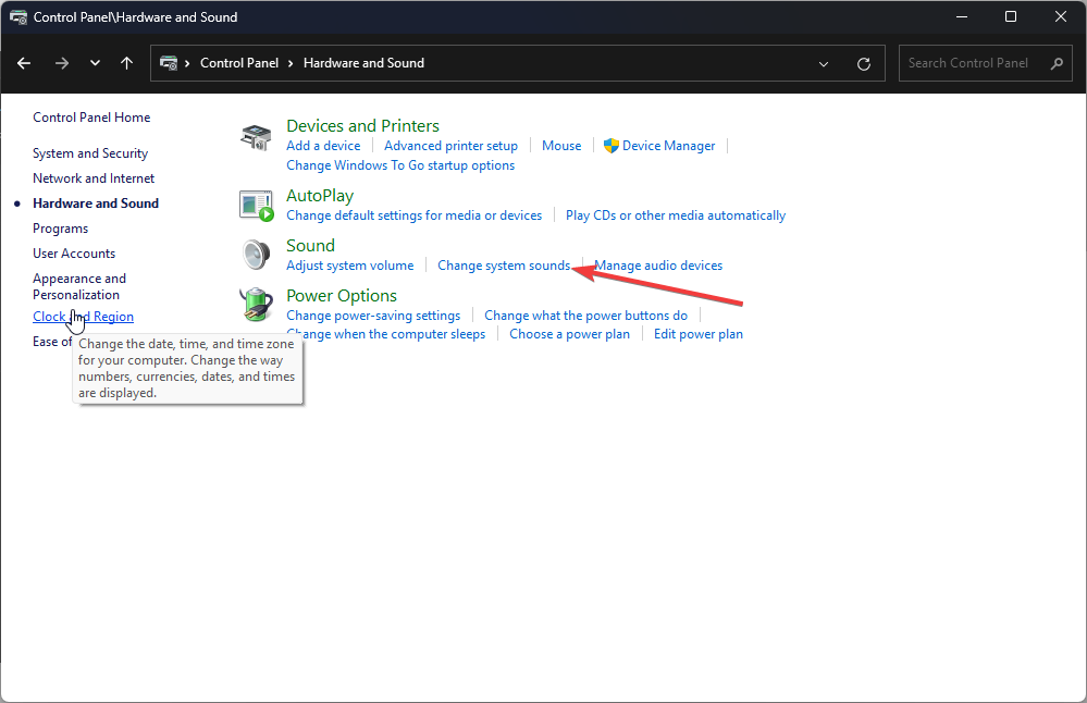 Ссылка 'Изменить системные звуки'