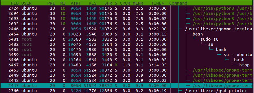 Средняя панель htop с таблицей процессов