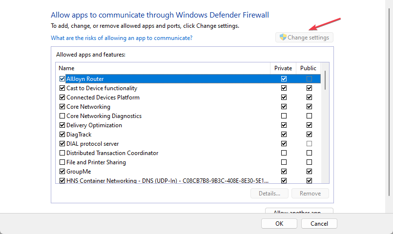 Экран разрешения приложений в брандмауэре Windows