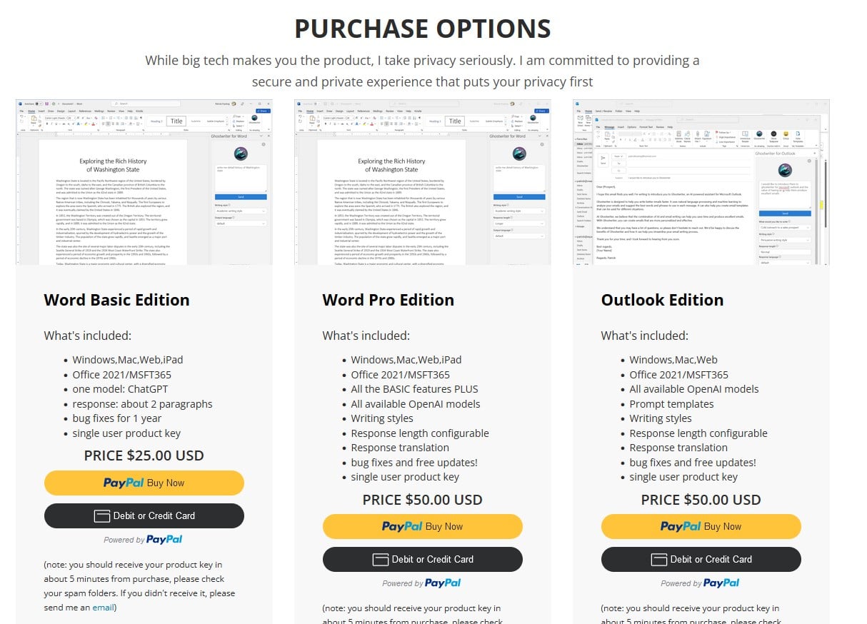 Страница покупки лицензии Ghostwriter с информацией о тарифах и лицензировании