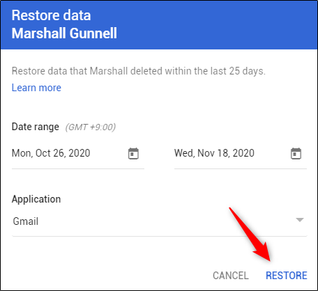 Выбор диапазона дат и приложения Gmail для восстановления