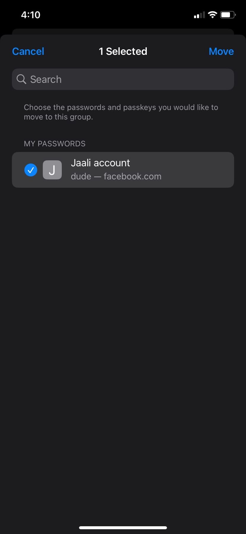 iPhone Shared Password Group Move Button