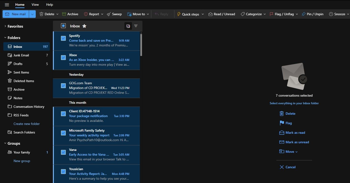 Удаление нескольких писем в Outlook в браузере