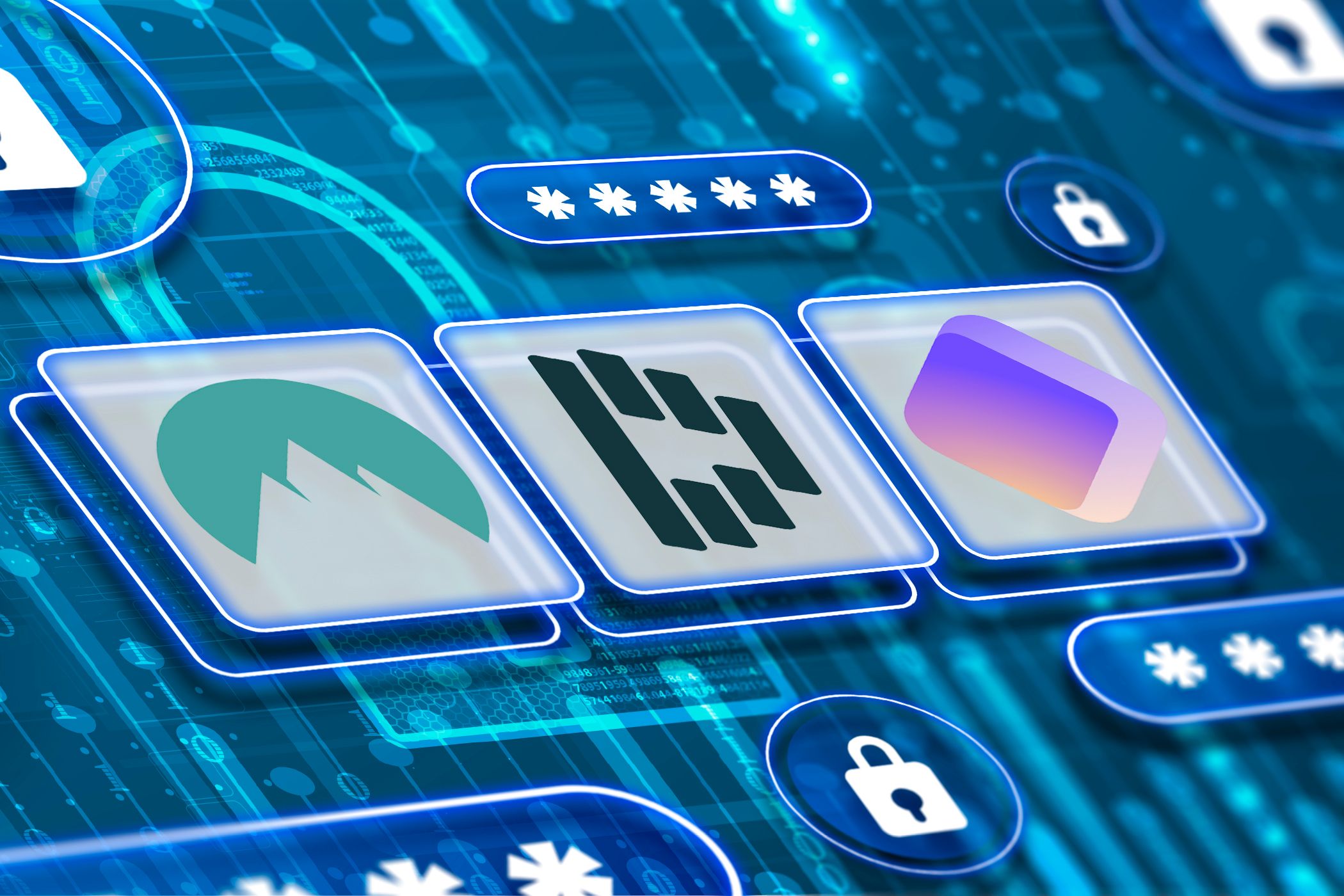 Логотипы NordPass, Dashlane и Proton Pass с паролями и замками вокруг.