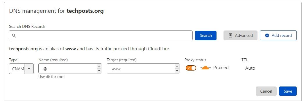 Добавление CNAME-записи в Cloudflare для WordPress