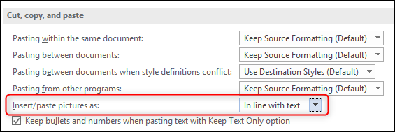 Параметры вставки изображений: выбрать режим обтекания по умолчанию