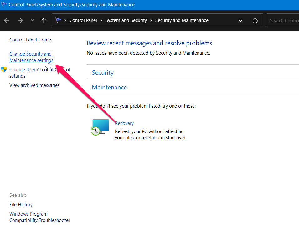 Изменение настроек безопасности и обслуживания в Windows