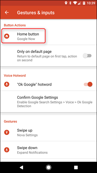 Скриншот выбора действия для кнопки Домой в Nova Launcher
