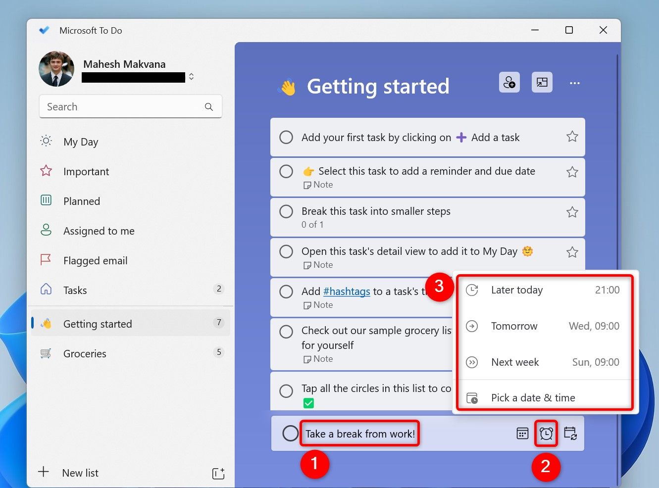 Опции планирования задачи подсвечены в Microsoft To Do.