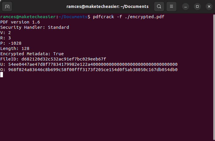 Пример сессии pdfcrack в терминале