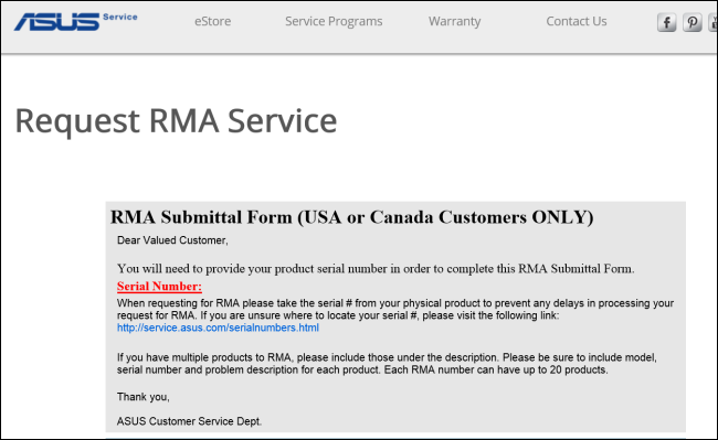 Запрос RMA у производителя с примером формы