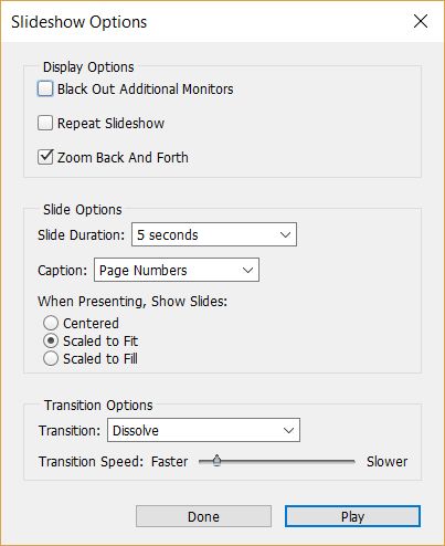 Диалог параметров слайдшоу в Adobe Bridge