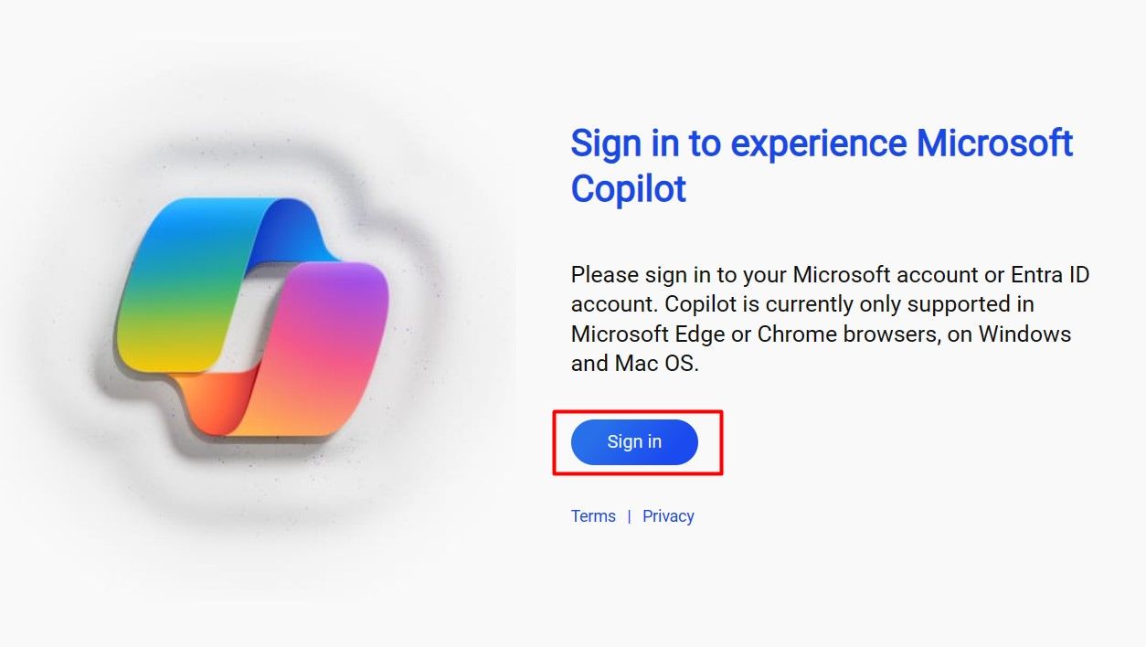Опция входа на странице Microsoft Copilot