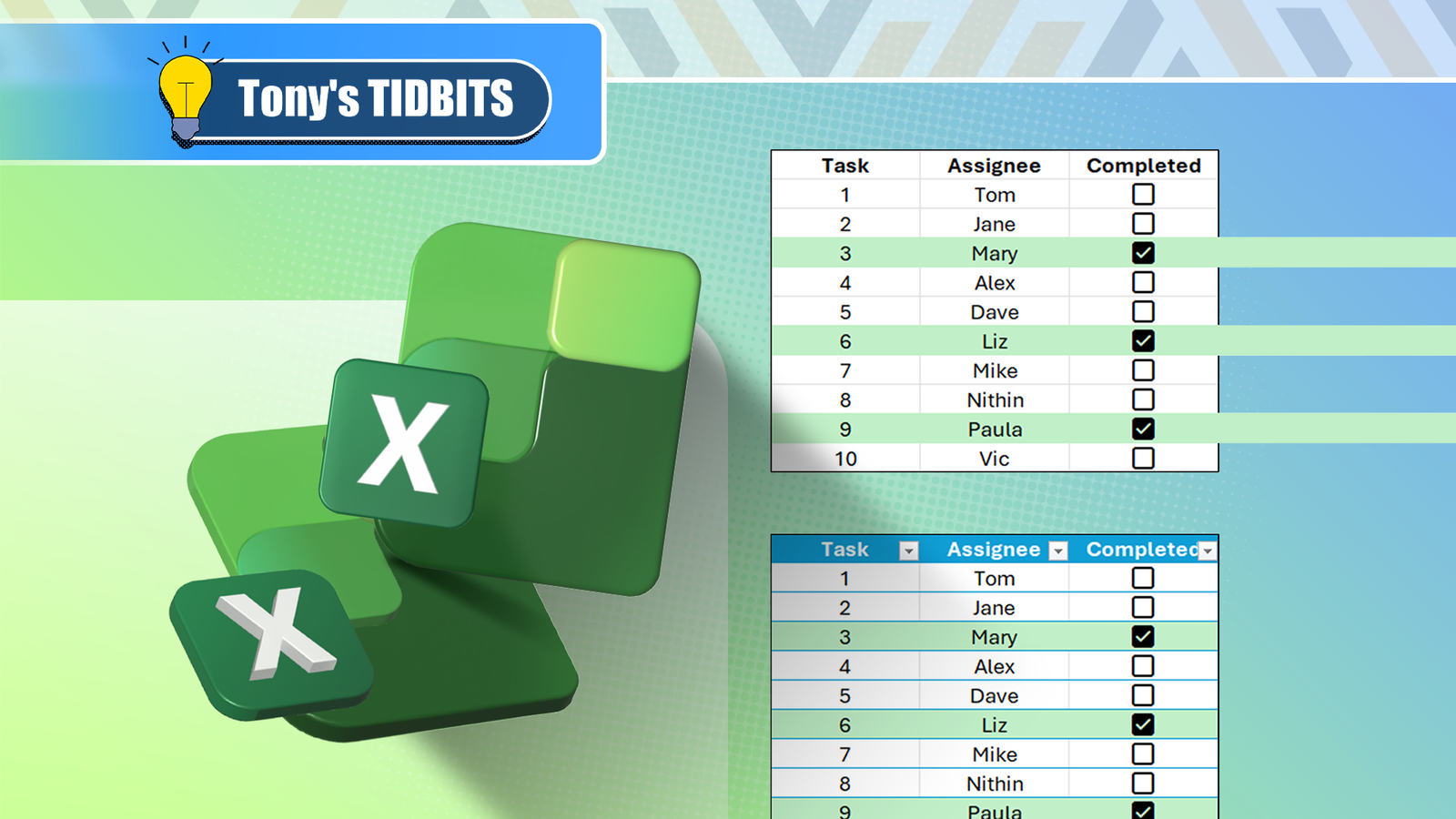 Excel logo beside two spreadsheet tables with checkboxes.