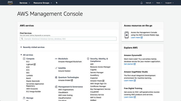 AWS Management Console со списком сервисов