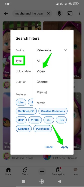 Фильтр поиска видео в приложении YouTube на Android