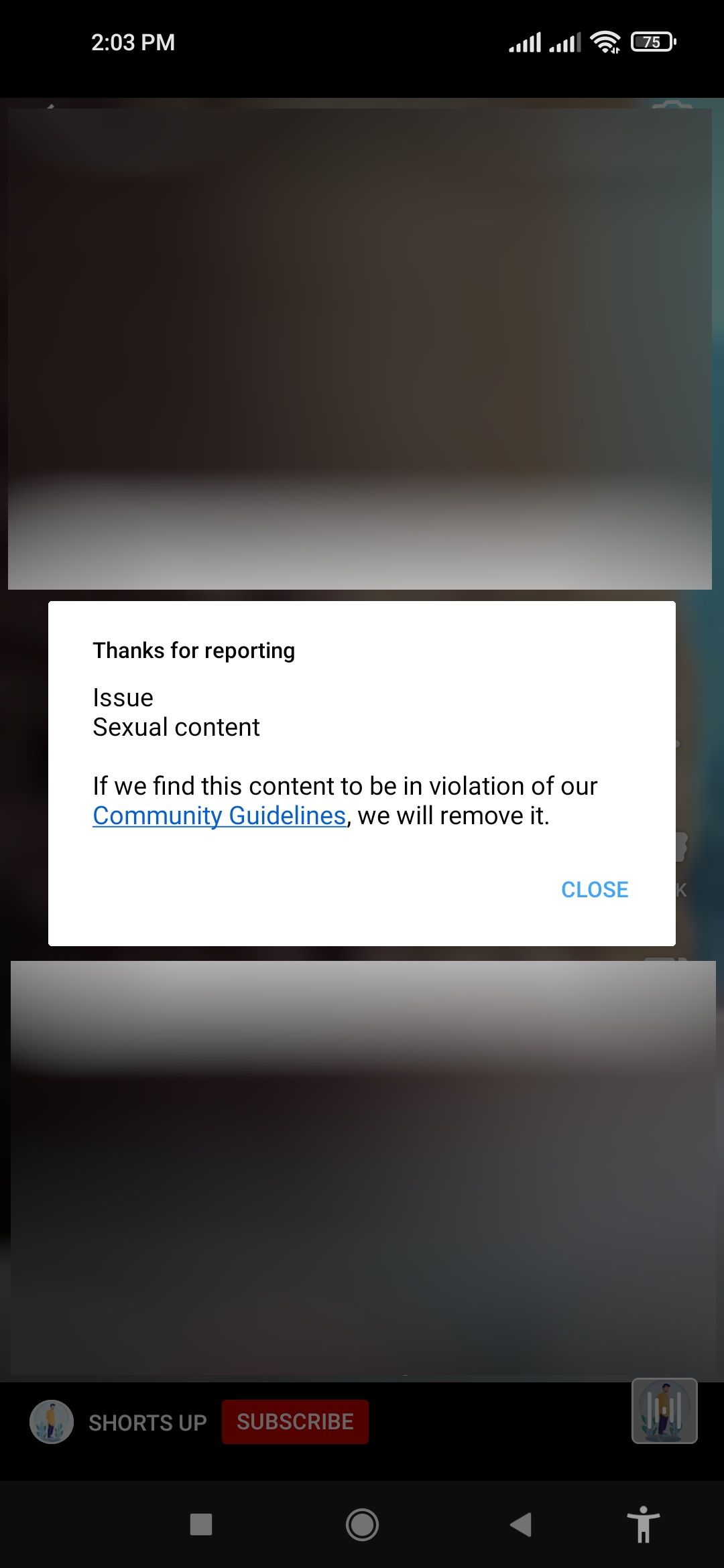 Подтверждение отправки жалобы на Short